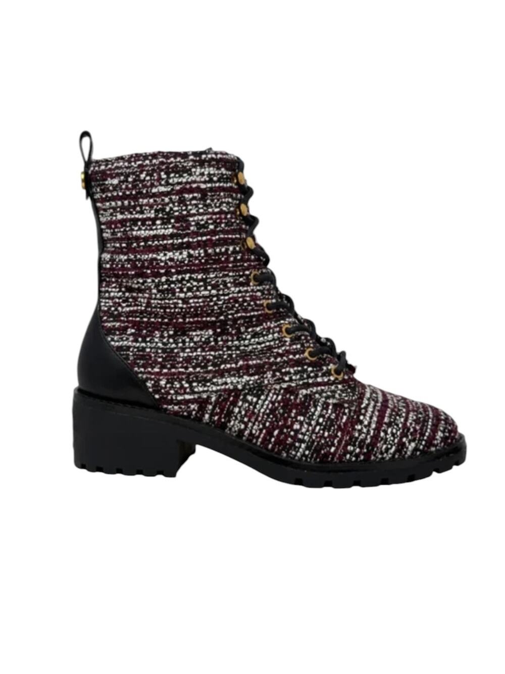<<Tory Burch Miller Combat Lug Sole Tweed/Leather Booties Burgundy/White -8.5M